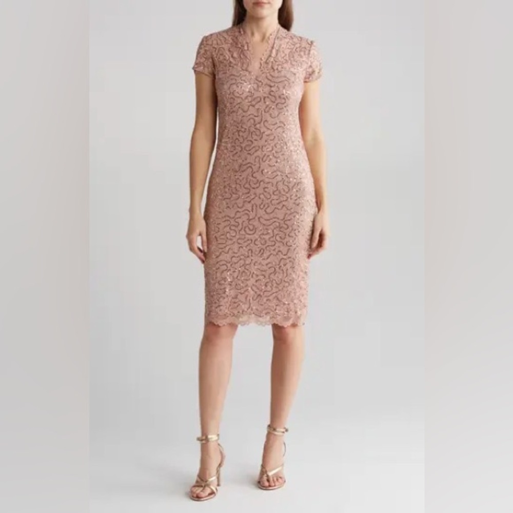 NWT Marina Lace Cap Sleeve Scalloped V-Neck Sheath Dress Blush Pink Size XL